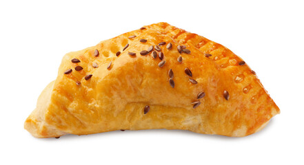 Fresh delicious puff pastry with cheese on white background