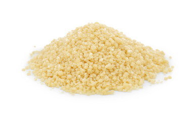 Pile of raw couscous on white background