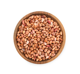 Wooden bowl with raw kidney beans isolated on white, top view