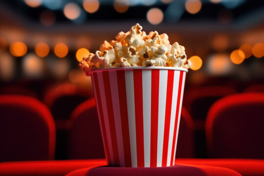 Close up on a red and white striped popcorn cup with lots of popcorn in a movie theater with red seats.