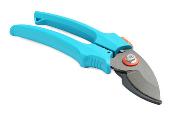 Secateurs with light blue handles isolated on white. Gardening tool