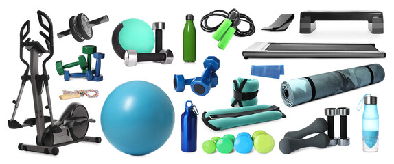 Set with different sports equipment on white background