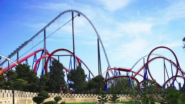Theme park roller coaster aerial pull Spain Portoventura