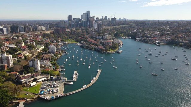 Aerial drone view of North Sydney and Kirribilli, NSW Australia looking toward Milson Park on a sunny morning 