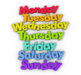 days of the week in colorful letter magnets isolated