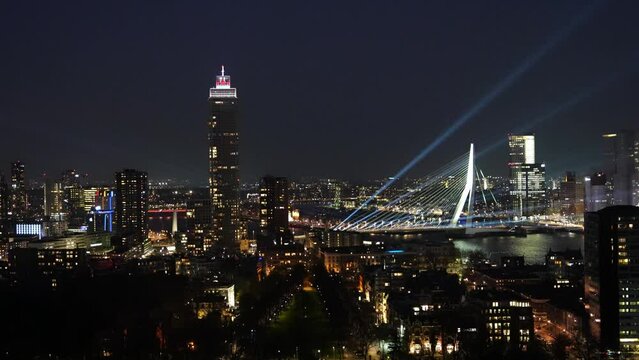 Night Panorama of Rotterdam, Netherlands. Rotterdam, The Netherlands - Aprill, 2023: City Scape,
