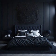 dark modern bedroom with bed. generative ai.
