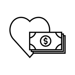 Illustration of money love and charity, heart with stack of money icon vector