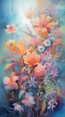 Obraz na płótnie Canvas A painting of lush plants, flowers, and flowers in pink. AI generative