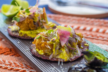 Peruvian food shot at both top-down and close-up shots