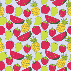 Fruit seamless pattern with colorful fruity elements on a light background includes strawberry, pineapple, apple, and watermelon