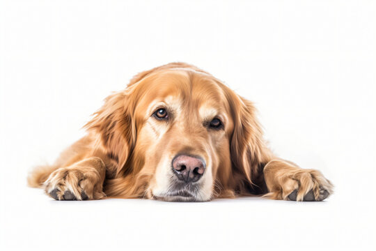 This image is a close up of a golden retriever dog laying down on its side with its head resting on its paws, Generative Ai