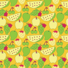 Colorful fruit seamless pattern with yellow, green, and pink fruits includes grape, cherry, watermelon, and strawberry on a yellow background