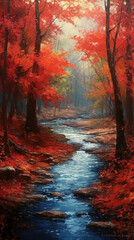 Obraz na płótnie Canvas A river with fallen leaves surrounded by trees. AI generative