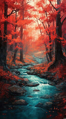 A river with fallen leaves surrounded by trees. AI generative