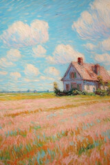 abstract painting in mint pink, pink wheat fields, field cottages, blue sky and white clouds. AI generative