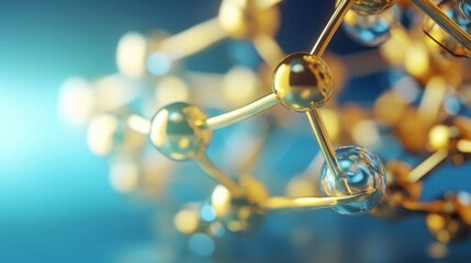 Molecular cosmetics, molecular chain of golden molecules blue background, golden threads cosmetology. concept of health beauty Generative AI