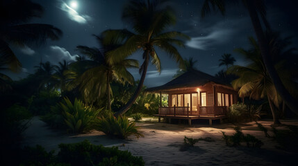 夜の熱帯島ビーチの魅惑の芸術 No.007 | Enchanting Artistry of a Tropical Island Beach at Night Generative AI