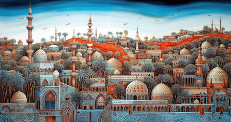 Cities and mosques of the future in a detailed painting - Created with Generative AI Technology
 - obrazy, fototapety, plakaty