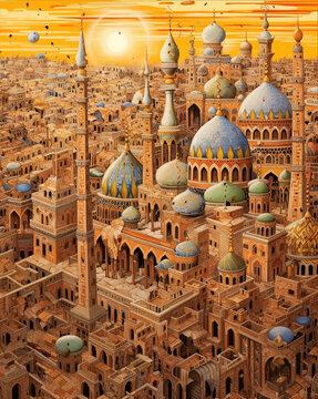 Cities and mosques of the future in a detailed painting - Created with Generative AI Technology
