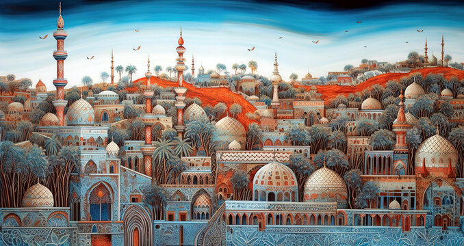Cities and mosques of the future in a detailed painting - Created with Generative AI Technology
