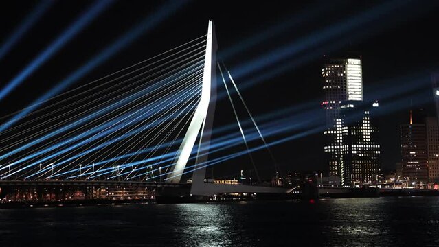 Night Panorama of Rotterdam, Netherlands. Rotterdam, The Netherlands - Aprill, 2023: City Scape,