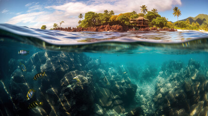 Tropical island with palm trees and resort. The motif is divided by the waterline. Half above water and half under water with fishes and corals.