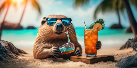 beaver is on summer vacation at seaside resort and relaxing on summer beach Generative AI - obrazy, fototapety, plakaty