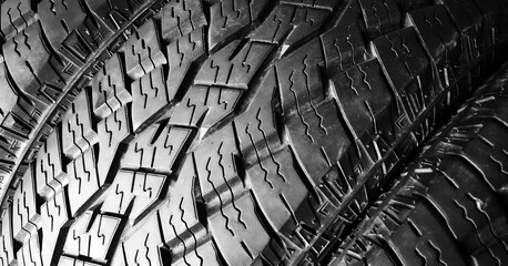 Close-up view of new mud and terrain tire tread
