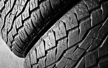 Close-up view of new mud and terrain tire tread