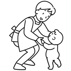 立っている赤ちゃんを支える笑顔の若い男性保育士