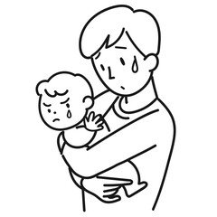 赤ちゃんの機嫌が悪くて困っている父親の上半身