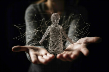 Woman holding a younger part of herself related to trauma healing. Generative AI.