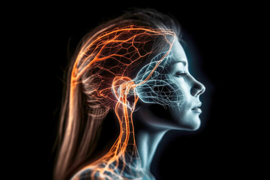 Woman's brain neural pathways and nerves related to polyvagal theroy. Generative AI.