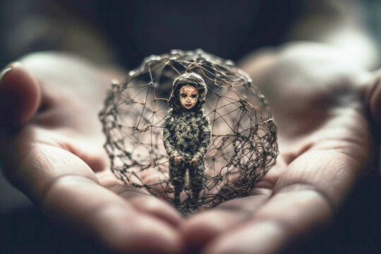 Person holding an inner child, childhood trauma and IFS therapy concept. Generative AI.