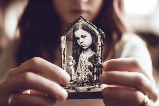 Woman holding an inner child watching trauma history, IFS therapy concept. Generative AI.