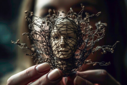 Woman holding a younger inner child part of herself related to trauma. Generative AI.