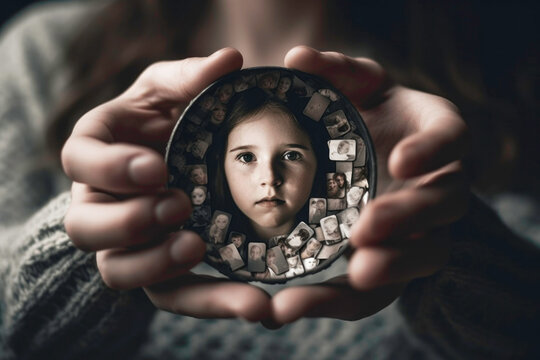 Woman holding her inner child watching ancestral generational trauma. Generative AI.