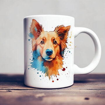 custom mug, watercolor dog, white background. AI-generated, human-created