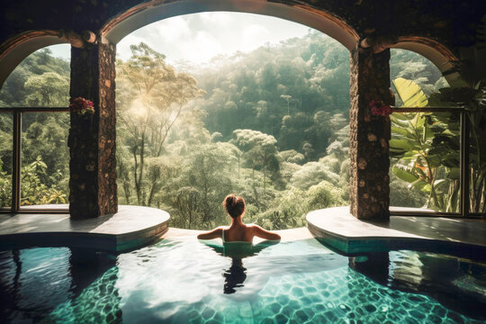 Woman on vacation in pool at luxury spa in Bali. Generative AI.