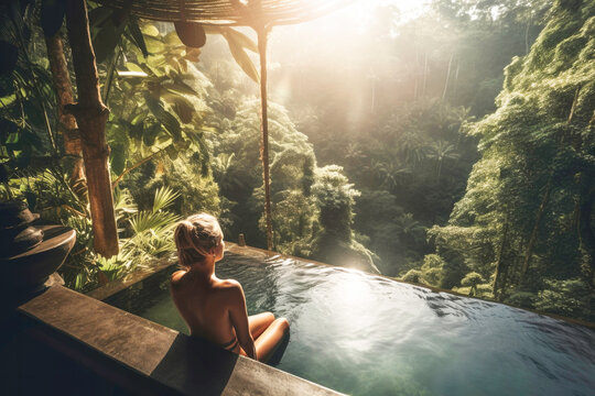 Beautiful woman on vacation in pool at luxury spa resort in Bali. Generative AI.