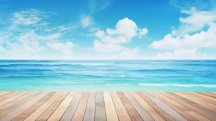 Foto auf Alu-Dibond summer product backdrop, blue sea background Summer, the hottest season Generative AI © Aukid