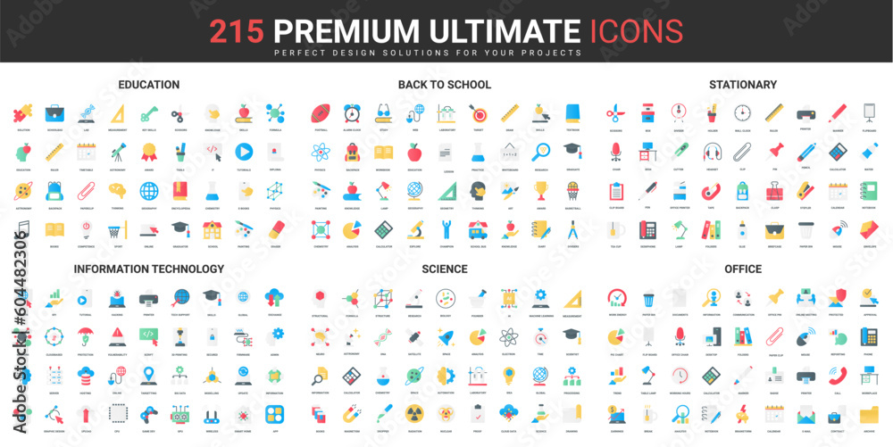 Aufkleber education, science and information technology color flat icons set vector illustration. abstract sym