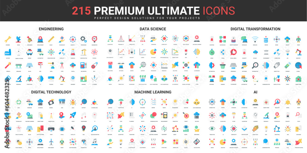 Leinwandbilder Digital technology, AI and data science color flat icons set vector illustration. Abstract symbols of engineering and digital transformation, machine learning simple design for mobile and web apps