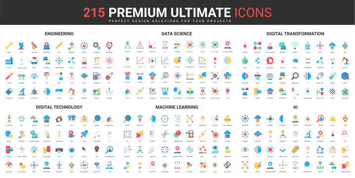 Digital Technology, AI And Data Science Color Flat Icons Set Vector Illustration. Abstract Symbols Of Engineering And Digital Transformation, Machine Learning Simple Design For Mobile And Web Apps