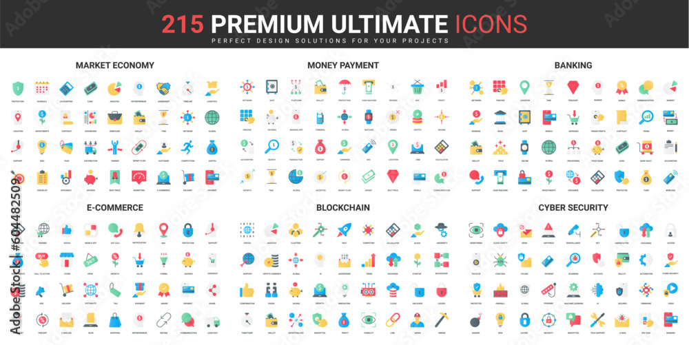 Aufkleber blockchain, money payment and trade color flat icons set vector illustration. abstract symbols of ec
