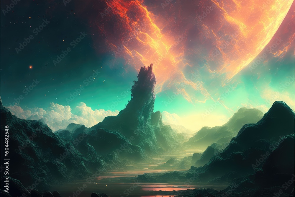 Wall mural utopian dreamland landscape with sky of colorful nebula. distinct generative ai image.