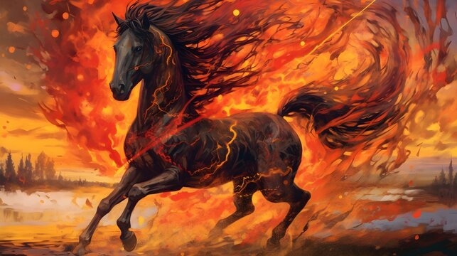 Beautiful horse on fire of volcano frame 8k
