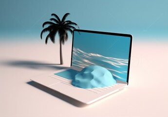 palm vacation laptop tropical beach tree summer computer concept travel. Generative AI.