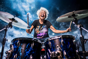 Grandma has fun playing drums on stage